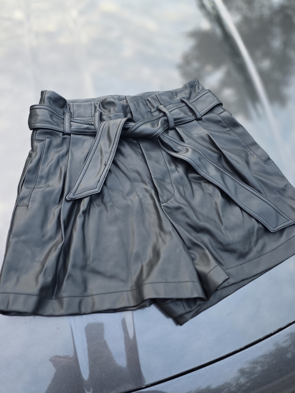 High-Waist Faux Leather Paperbag Shorts in Black